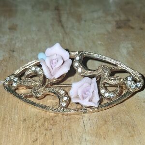 Gold and Pink Rose Brooch